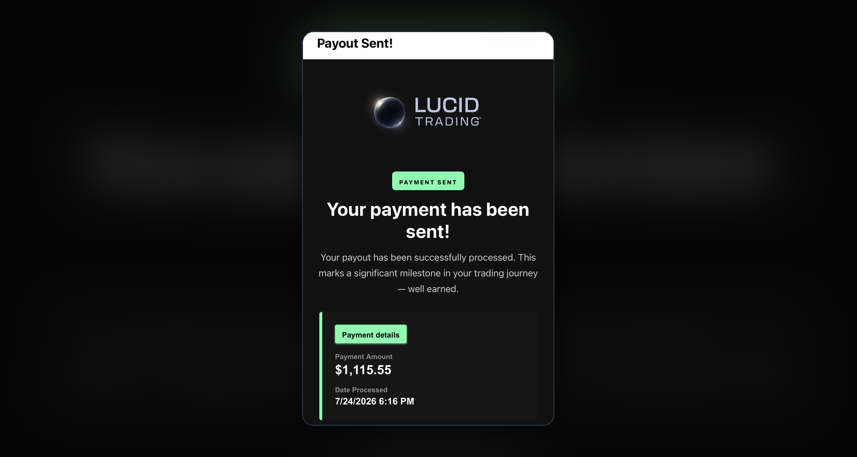Lucid Trading payout confirmation, $1,115.55