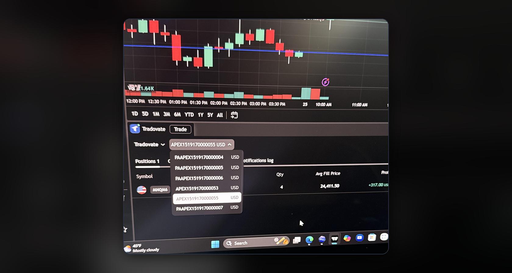 Live MNQ position on Tradovate, Apex funded account